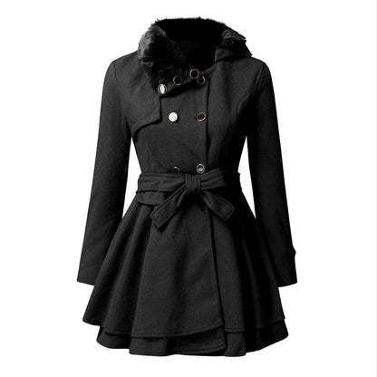 Women's Fur Collar Coat Double-breasted Trench Coat With Large Skirt - Gizmo Galaxy