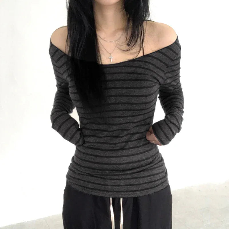 Oblique Shoulder Stripes Lightweight Slim-fit Long Sleeve Casual Top - Gizmo Galaxy