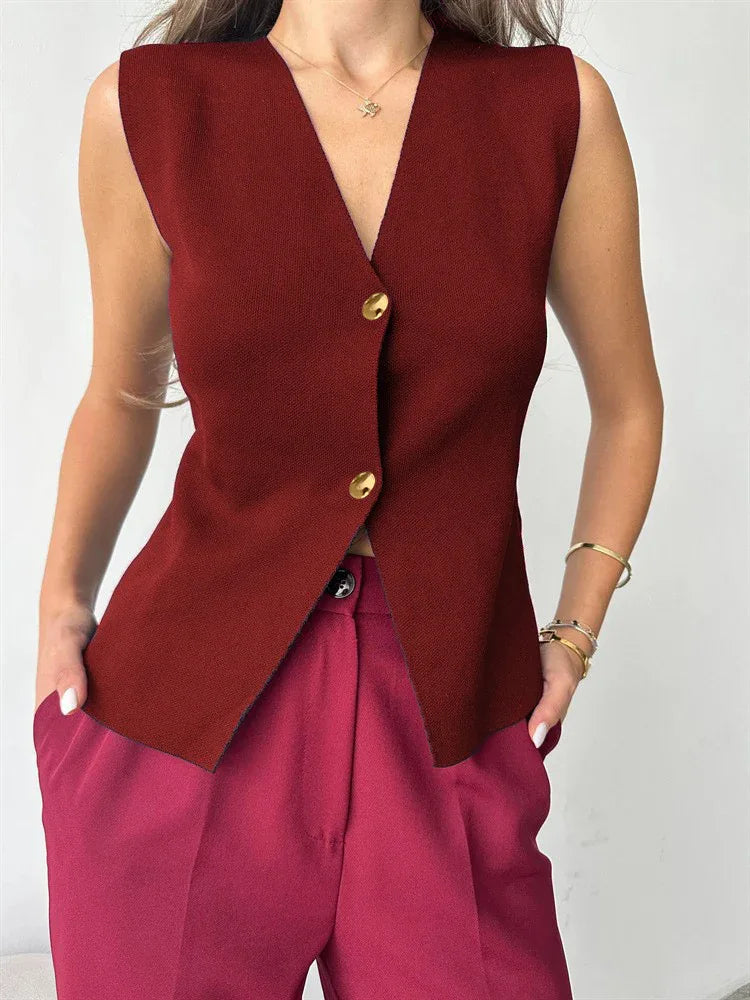 Metal Buckle Slit Knitted Vest Slim Fit Vest Foreign Trade Tup Cardigan - Gizmo Galaxy