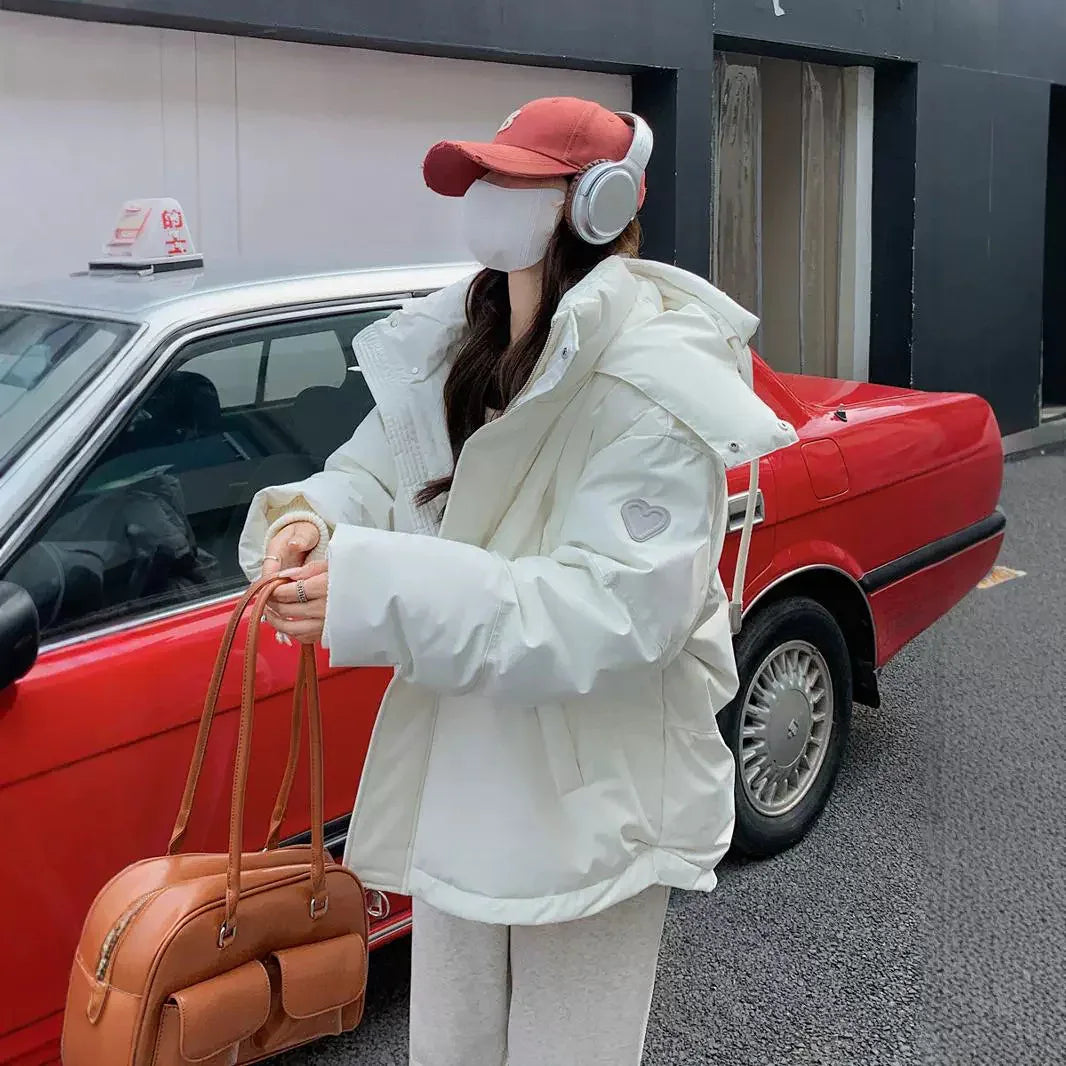 Gray With Heart Short Down Jacket Plus Size Women's Bread Coat - Gizmo Galaxy