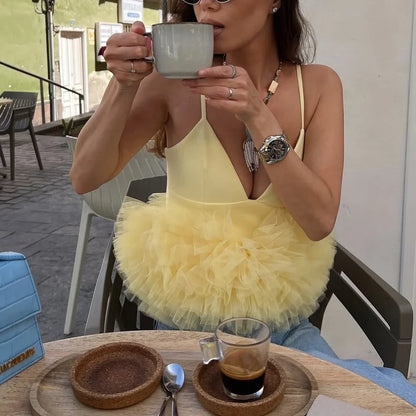 Mesh V-neck Patchwork Suspenders For Women - Gizmo Galaxy