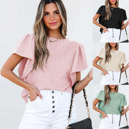 Women's Double-layer Ruffled Polyester Short-sleeved Round Neck T-shirt - Gizmo Galaxy