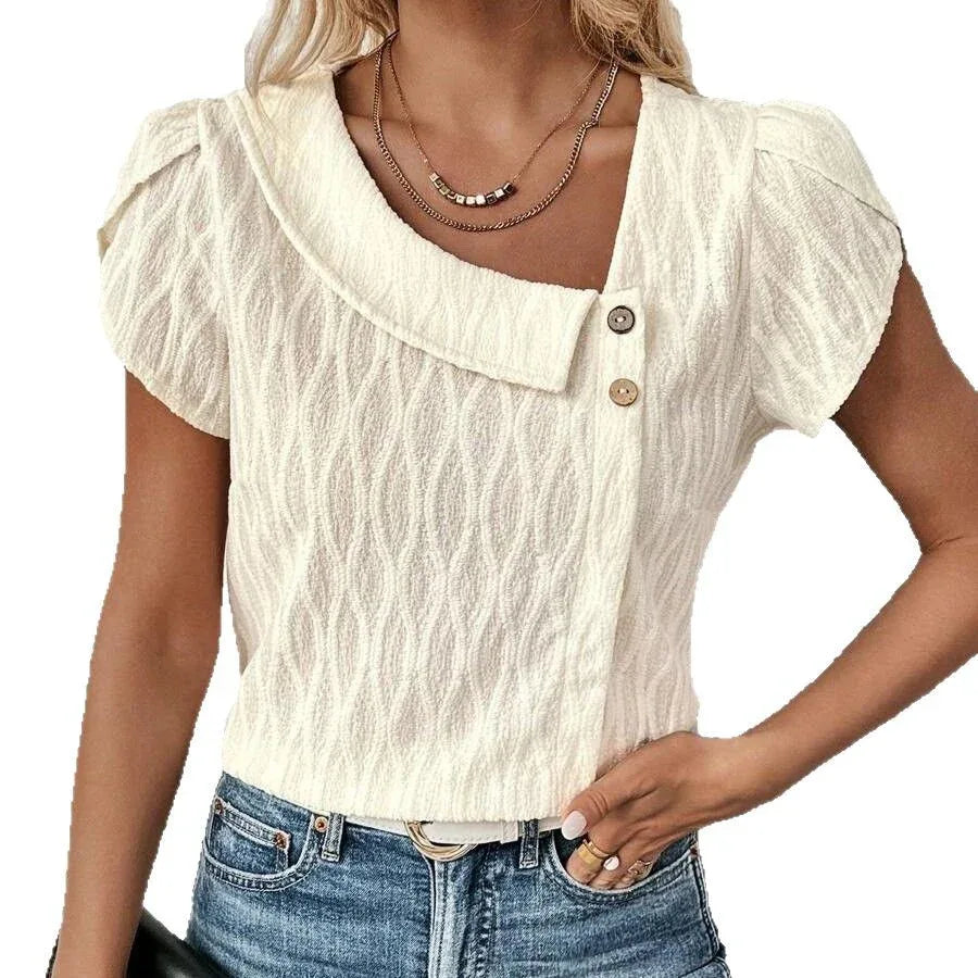 Diagonal Collar Solid Color Elegant Top - Gizmo Galaxy