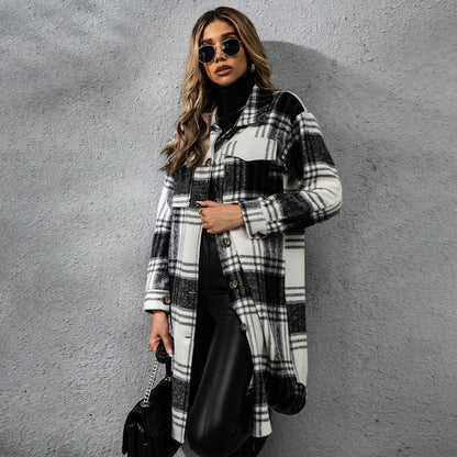 Fashion Plaid Single Row Button Coarse Wool Coat For Women - Gizmo Galaxy