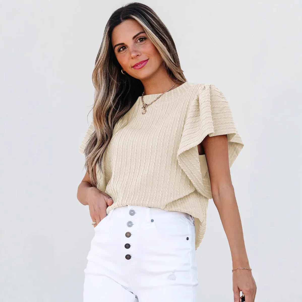 Women's Double-layer Ruffled Polyester Short-sleeved Round Neck T-shirt - Gizmo Galaxy