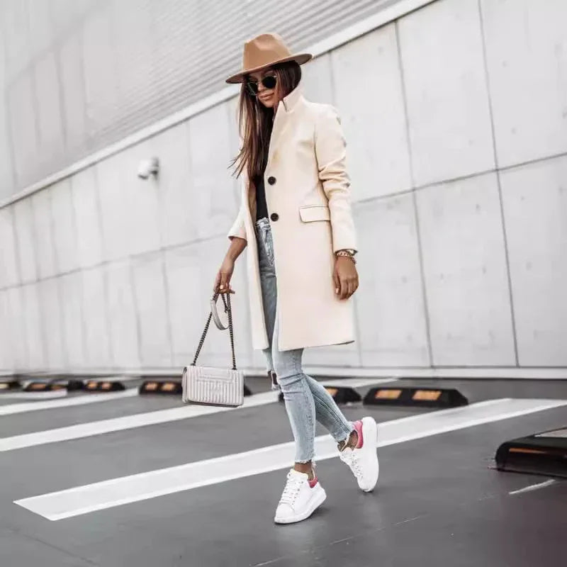 Autumn And Winter Simplicity Long Sleeve Button Woolen Coat - Gizmo Galaxy