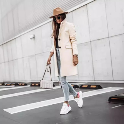 Autumn And Winter Simplicity Long Sleeve Button Woolen Coat - Gizmo Galaxy