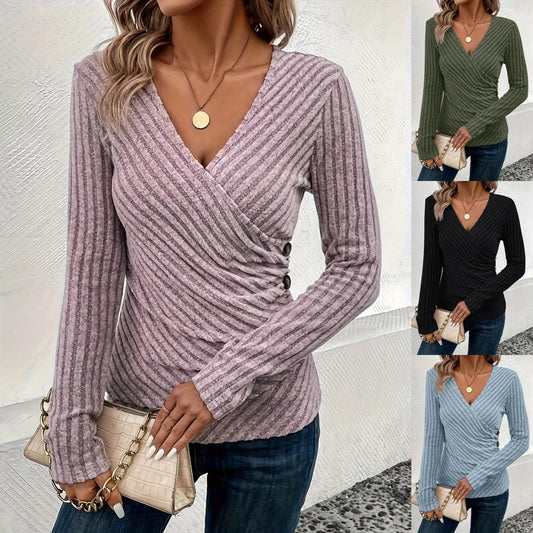 Spring And Autumn Women's Solid Color And V-neck Long-sleeved T-shirt Top - Gizmo Galaxy
