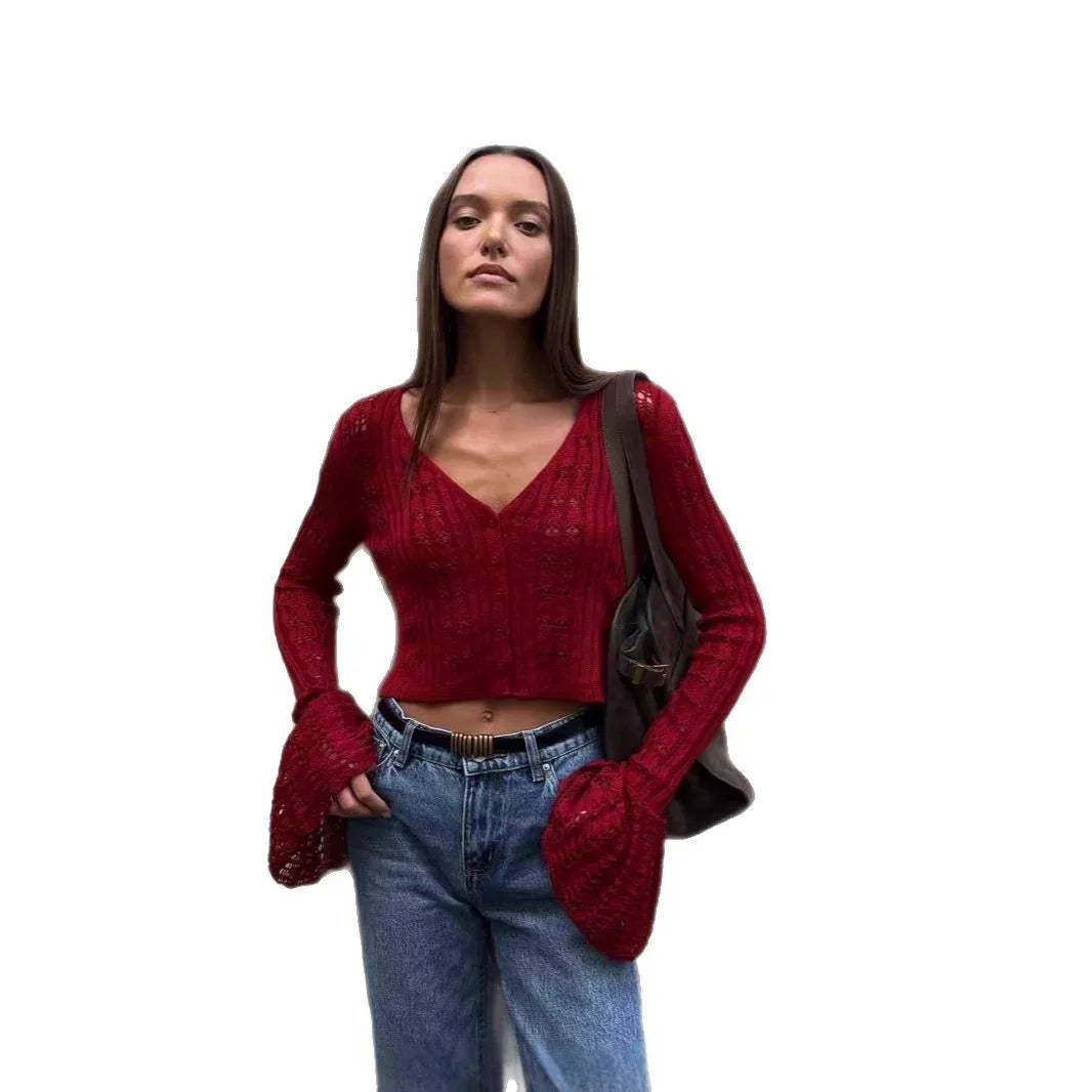 Women's Clothes Sexy Cutout Bell Sleeve Solid Color Short Knitted Top - Gizmo Galaxy