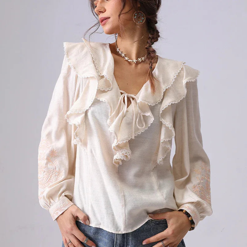 Embroidered Shirt Women's Spring Apricot Color - Gizmo Galaxy