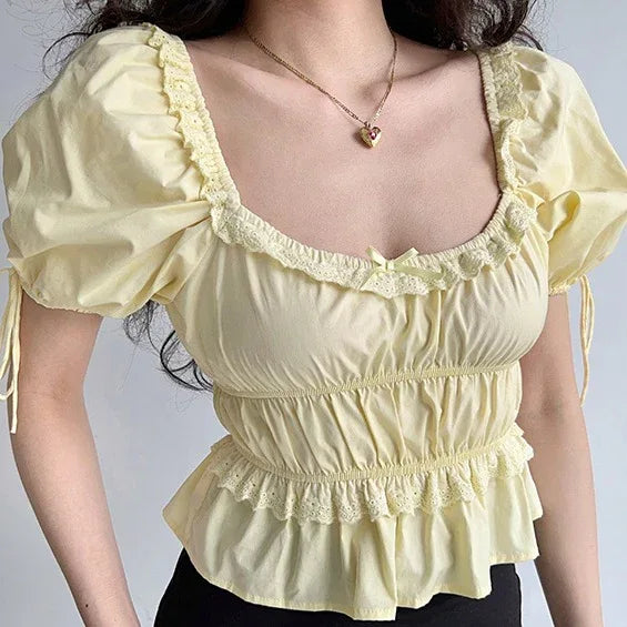 Retro Square Collar Puff Sleeve Lace Shirt - Gizmo Galaxy