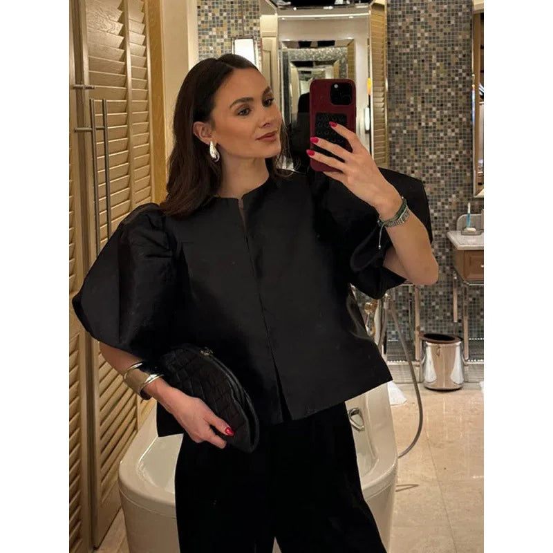 Solid Color Puff Sleeve Satin Short Coat - Gizmo Galaxy