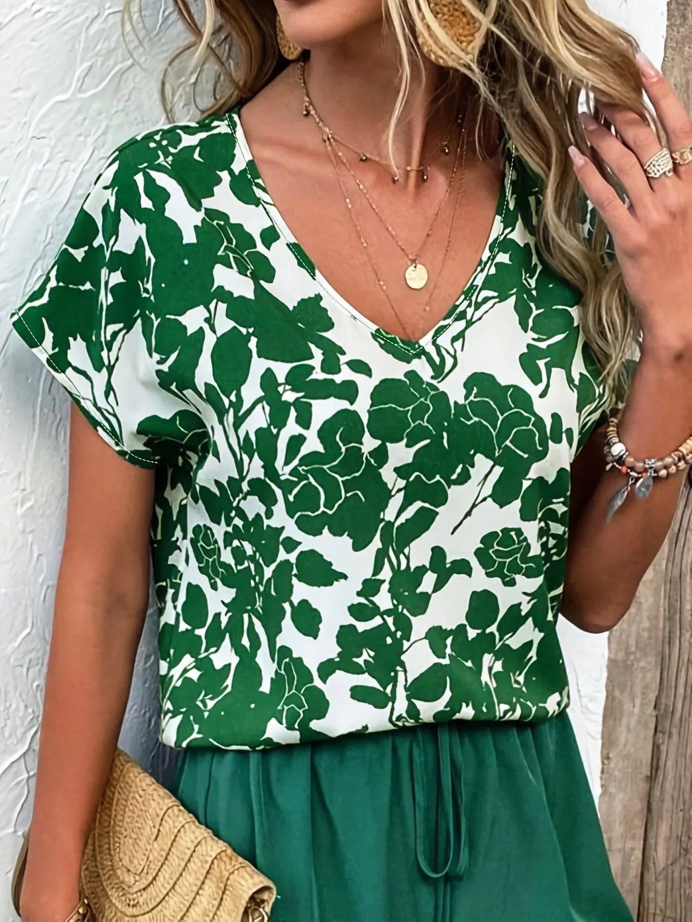 Printed Loose Half Sleeve V-neck Short Sleeve - Gizmo Galaxy