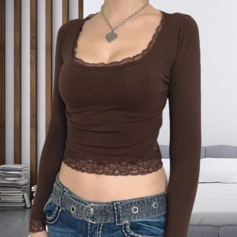 Minimalist Long Sleeve Lace T-shirt For Women - Gizmo Galaxy