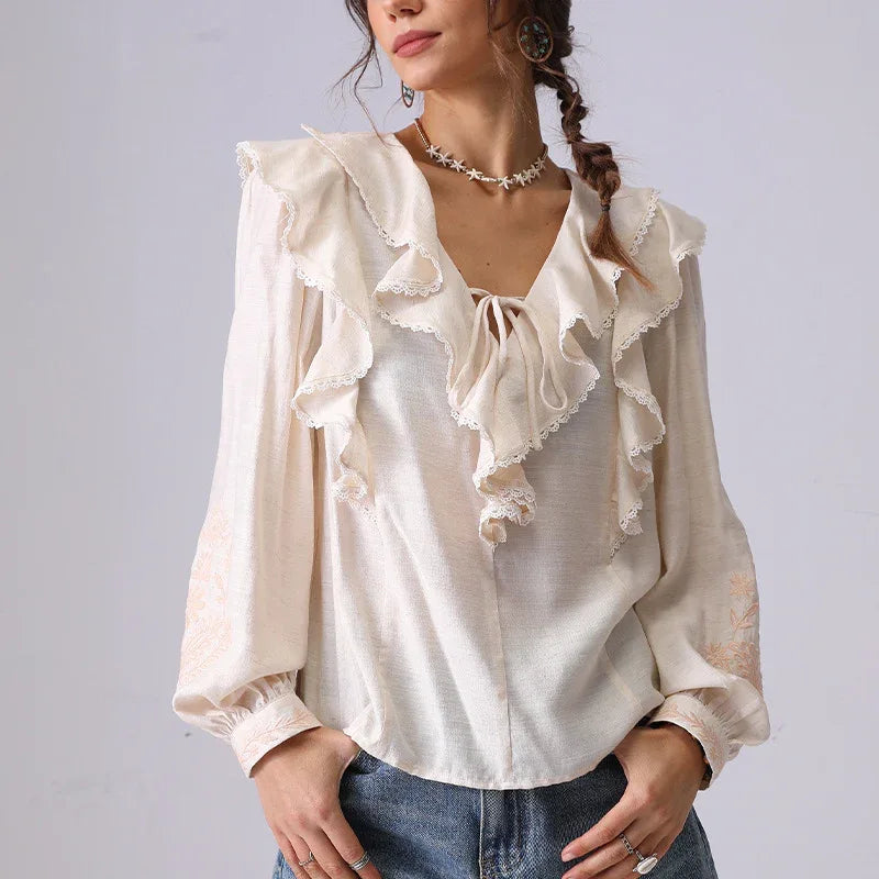Embroidered Shirt Women's Spring Apricot Color - Gizmo Galaxy