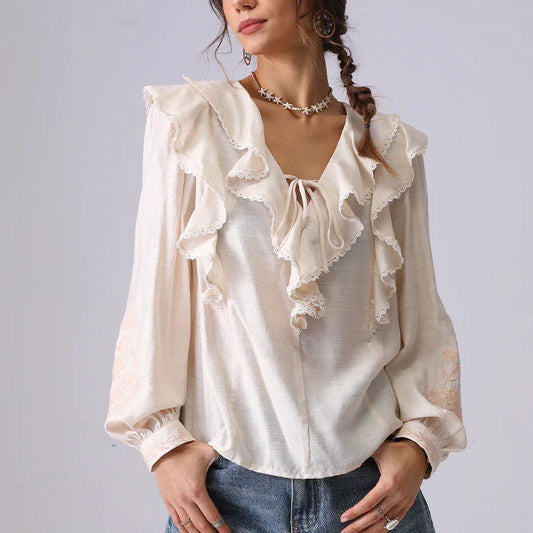 Embroidered Shirt Women's Spring Apricot Color - Gizmo Galaxy