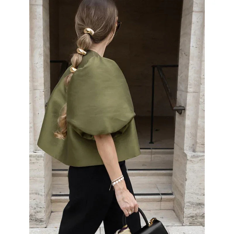 Solid Color Puff Sleeve Satin Short Coat - Gizmo Galaxy