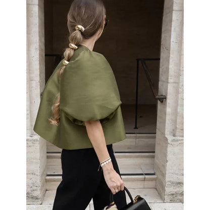 Solid Color Puff Sleeve Satin Short Coat - Gizmo Galaxy