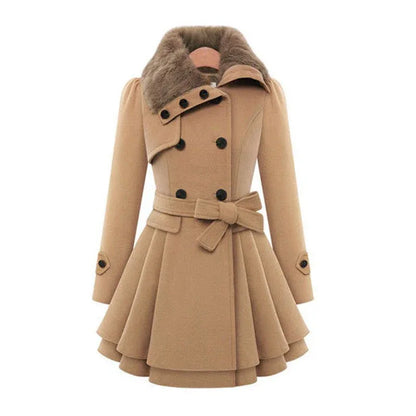 Women's Fur Collar Coat Double-breasted Trench Coat With Large Skirt - Gizmo Galaxy