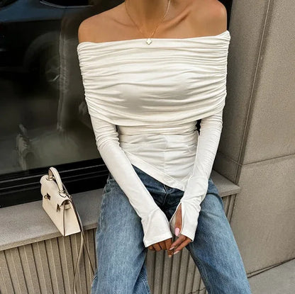 Off-shoulder Collar Irregular Slim Fit Slimming T-shirt - Gizmo Galaxy