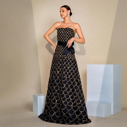 Off-neck Wrapped Chest Nipped-waist Large Swing Sequined Evening Dress - Gizmo Galaxy