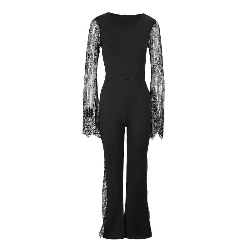 Lace-embellished Long-sleeve Crew-neck Bodycon Jumpsuit With A Cinched Waist And Hip-lifting Design - Gizmo Galaxy