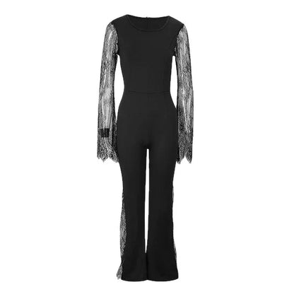 Lace-embellished Long-sleeve Crew-neck Bodycon Jumpsuit With A Cinched Waist And Hip-lifting Design - Gizmo Galaxy