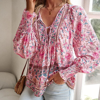 Wpmens Boho Chic Long Sleeve Blouse Floral Print V-Neck Top With Lace-Up & Drawstring Detail Elegant Vacation Shirt - Gizmo Galaxy