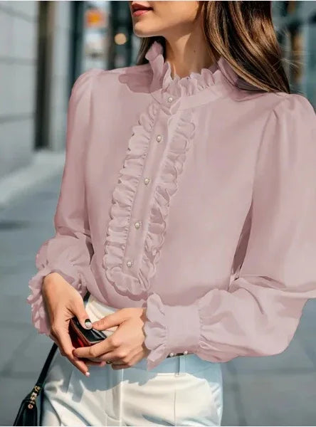 Fashionable Stand-up Collar Long-sleeved Shirt With Lotus Leaf Hem - Gizmo Galaxy