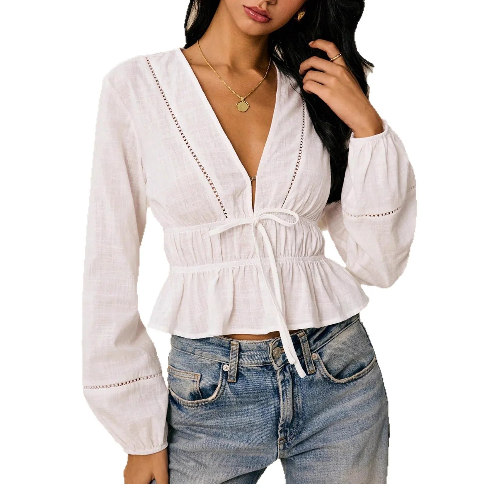Women's Long-sleeved Bohemian Style Deep V-neck Ruffle Blouse - Gizmo Galaxy