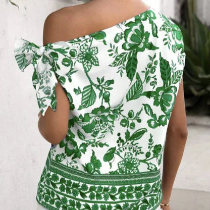 Ladies' Contrasting Flower Print Slanted Shoulder Collar Off Shoulder Holiday Casual T-shirt Top - Gizmo Galaxy