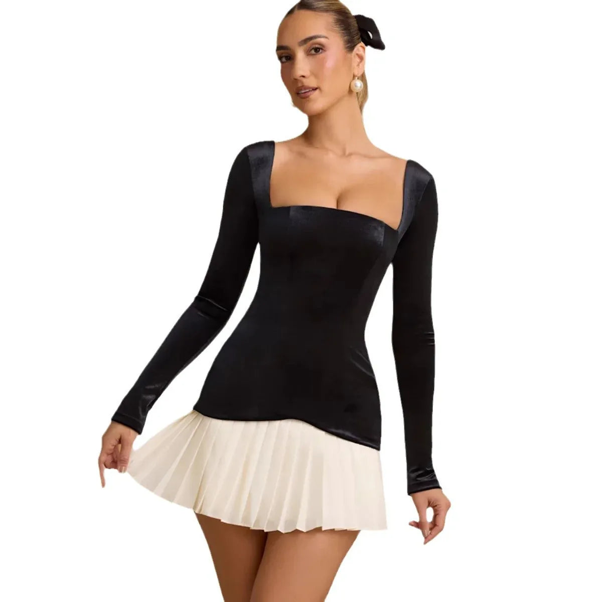 Personality Square Collar Pleated Stitching Skirt Woman - Gizmo Galaxy