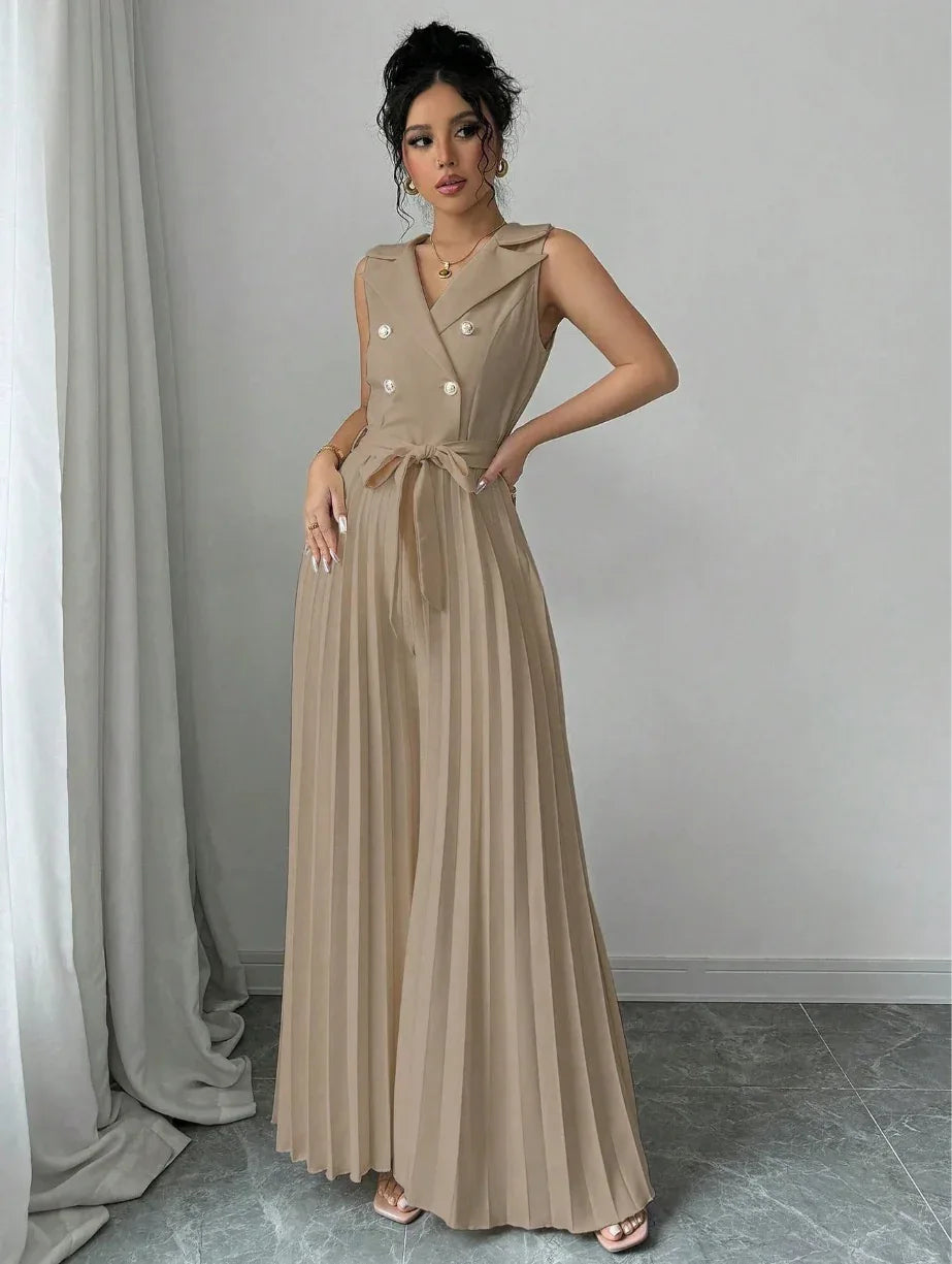 Suit Collar Bow Tie Belted Waist Pleated Jumpsuit - Gizmo Galaxy