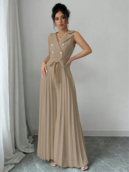 Suit Collar Bow Tie Belted Waist Pleated Jumpsuit - Gizmo Galaxy