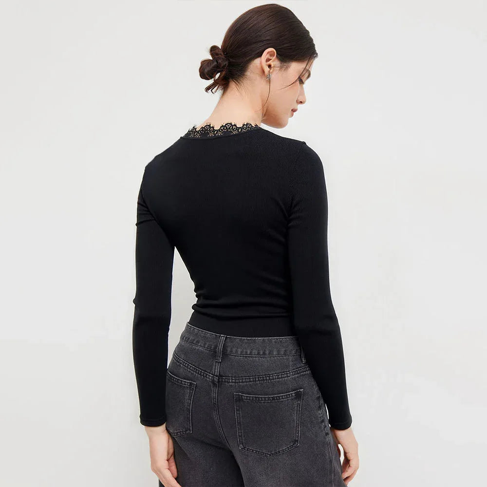 Autumn And Winter Black V-neck Lace-trimmed Twist Long-sleeved Hollow-out Design Slim-fit Bodysuit - Gizmo Galaxy