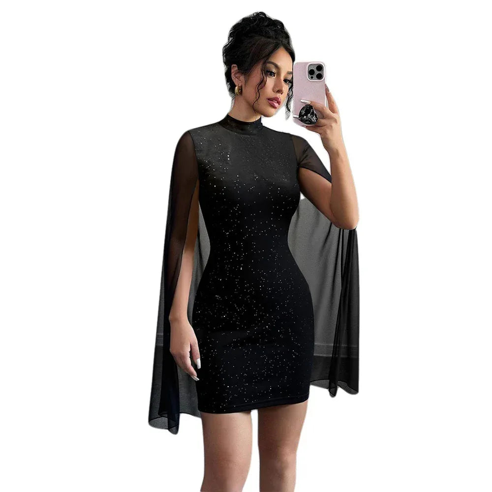 Stylish High-neck Dress Black Featuring Sparkling Rhinestones And Sequins Figure-hugging Fit Short Sleeves Mesh Patchwork - Gizmo Galaxy