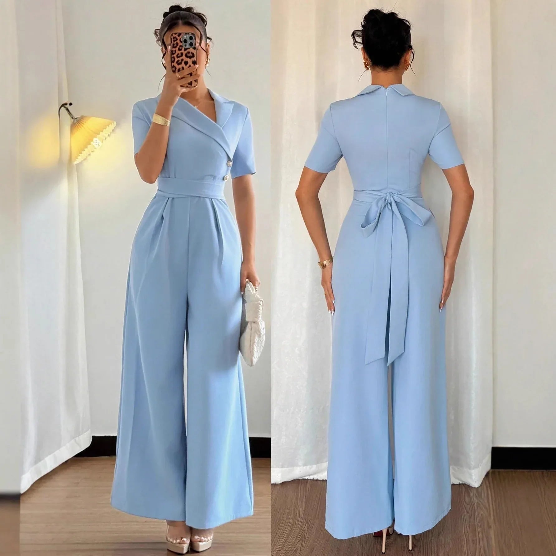Women's Blue Off-shoulder Belted Slim-fit Jumpsuit - Gizmo Galaxy