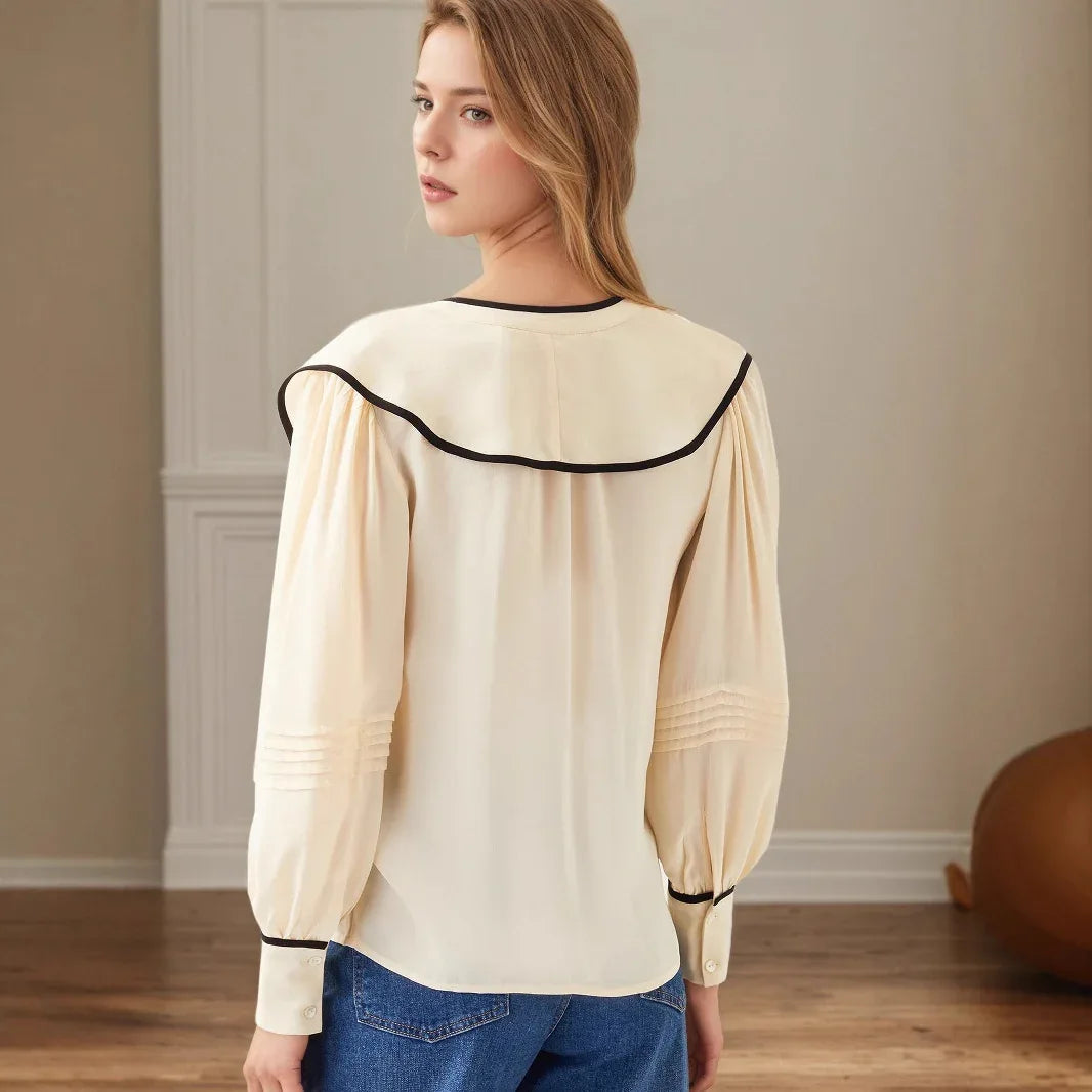 New Women's V-neck Retro Loose-fit Contrast-color Pleated Blouse - Gizmo Galaxy