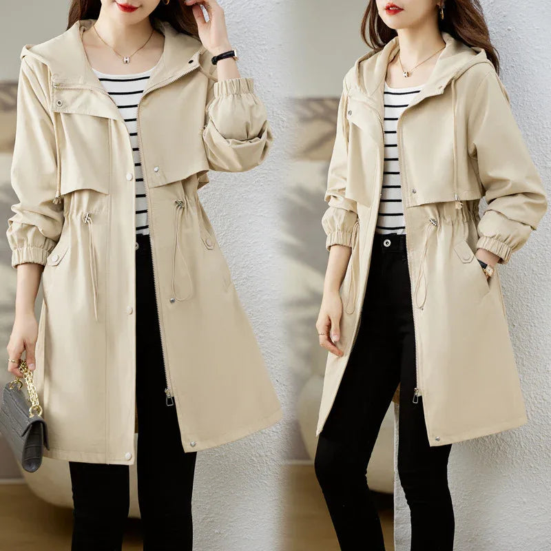 Early Autumn Casual Women's Windbreaker Loose Hooded Fashion Mid-length Slimming Coat - Gizmo Galaxy