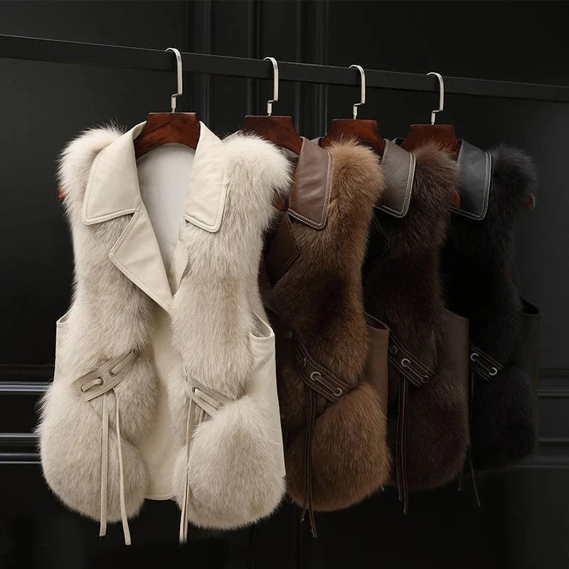 Fur Vest Short Coat Autumn And Winter New Patchwork Winter Fox Fur Jacket Women Short Artificial Fur Coat Elegant Female Warm Vest - Gizmo Galaxy