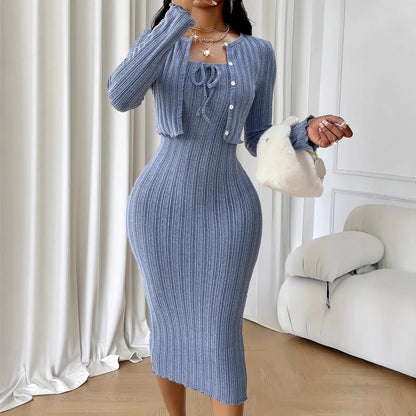 Women's Solid-Color French-Style Slim-Fit Knitted Dress Set - Gizmo Galaxy