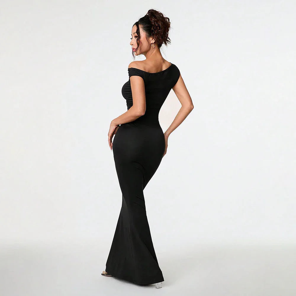 Women's Sexy Socialite-style Dress Summer Off-shoulder Slant-neck Black Evening Gown Maxi Dress - Gizmo Galaxy