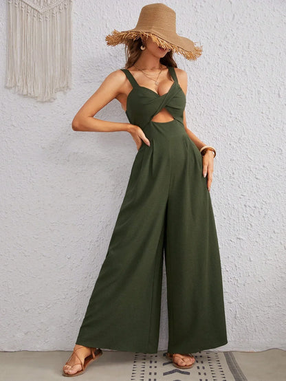 Women's Solid Color Loose Overall One Piece Summer Beach Jumpsuit With Spaghetti Straps - Gizmo Galaxy