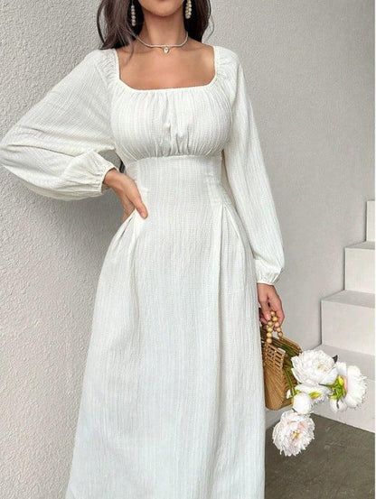 Women's Fashion Square-neck Tie-waist Figure-flattering A-line Dress With Long Sleeves And An Elegant Vibe - Gizmo Galaxy