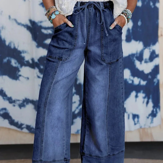 Prussian Blue Drawstring Seam Detail Raw Hem Wide Leg Denim Pants - Gizmo Galaxy