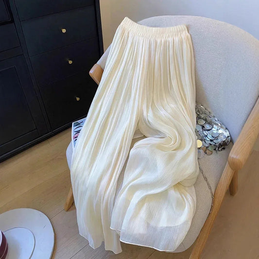 Women's Solid Textured Mesh Casual Loose Wide-leg Pants - Gizmo Galaxy