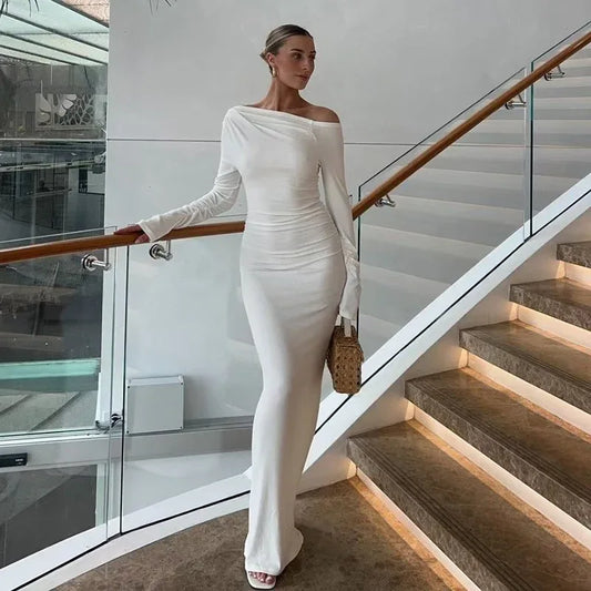 Women's OffshoulderLong-sleeve Figurehugging Pleated Maxi Dress - Gizmo Galaxy