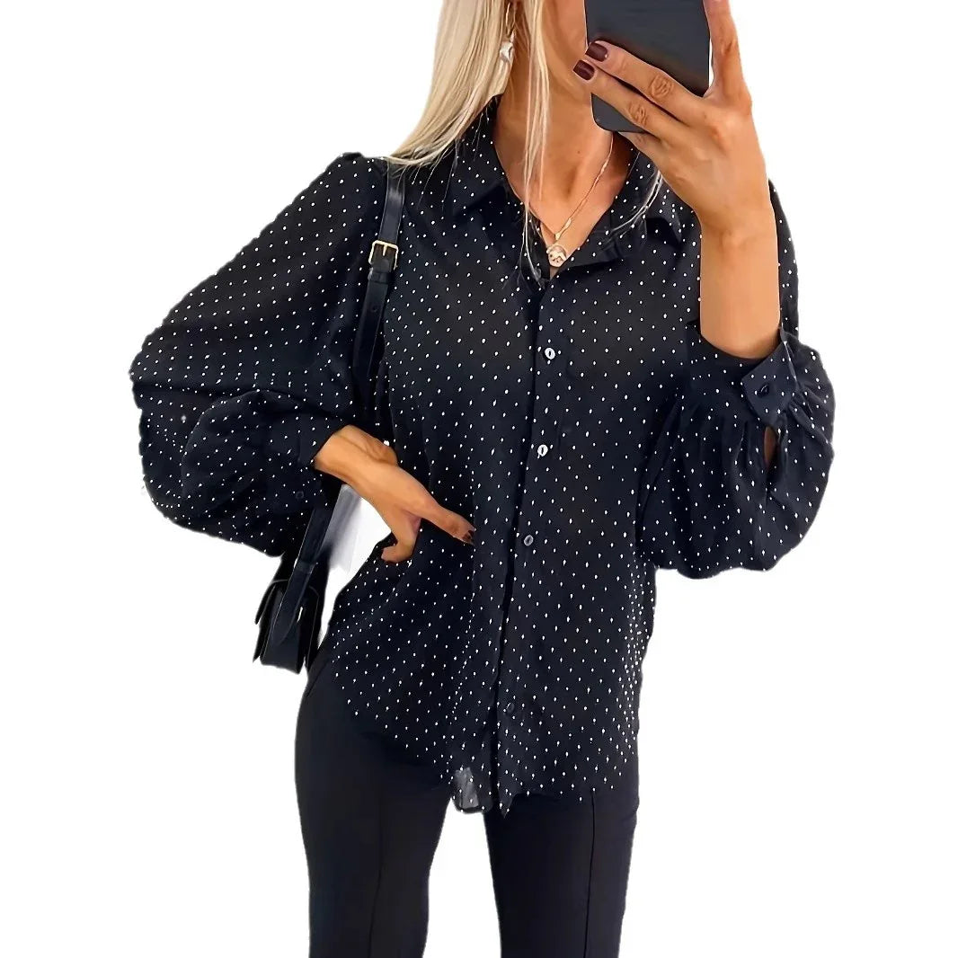 Women's Casual Loose-Fitting Long-Sleeve Polka-Dot Shirt - Gizmo Galaxy