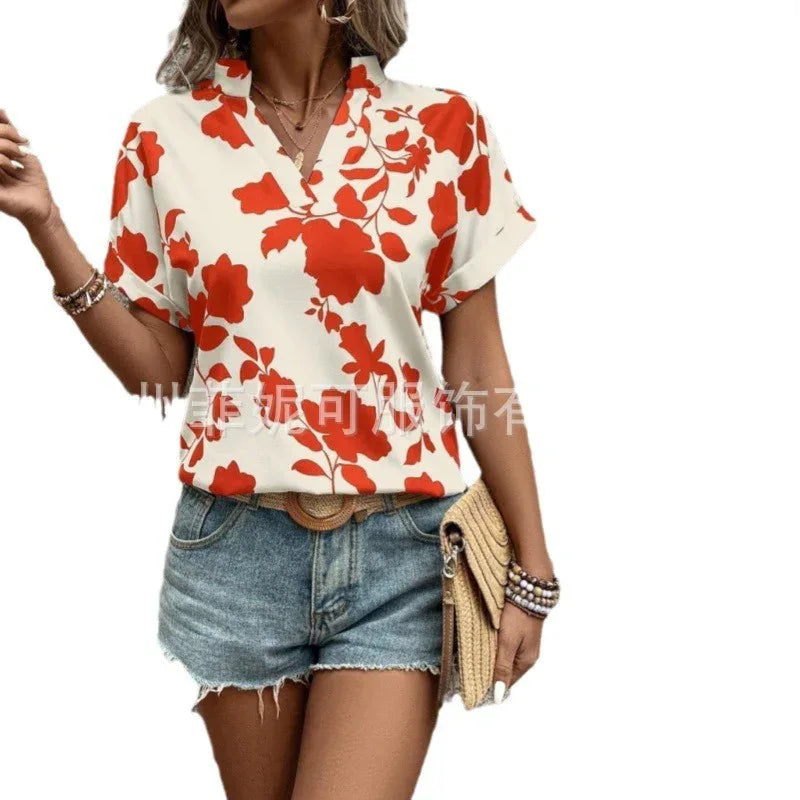 Big Floral Print V-neck Batwing Sleeve Leisure Loose Shirt - Gizmo Galaxy
