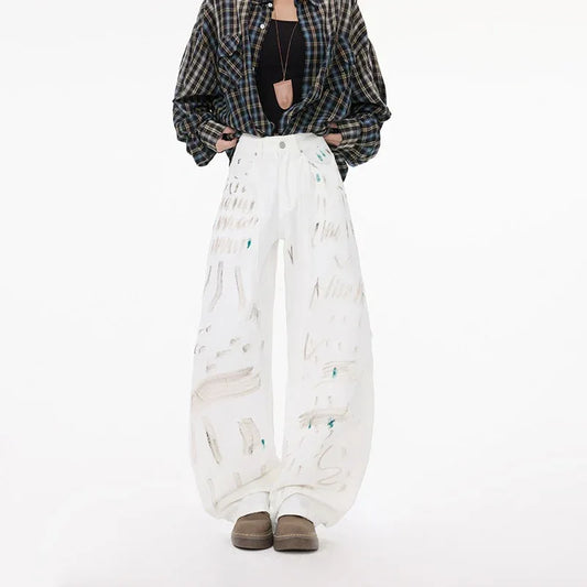 White Dirty Graffiti Machete Jeans For Women - Gizmo Galaxy